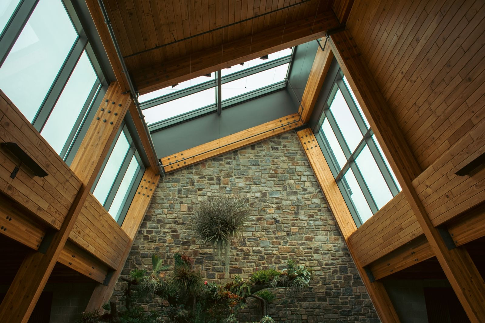 Timber atrium lit by clerestory windows and a skylight, sidelighting and toplighting working together in architectural daylighting