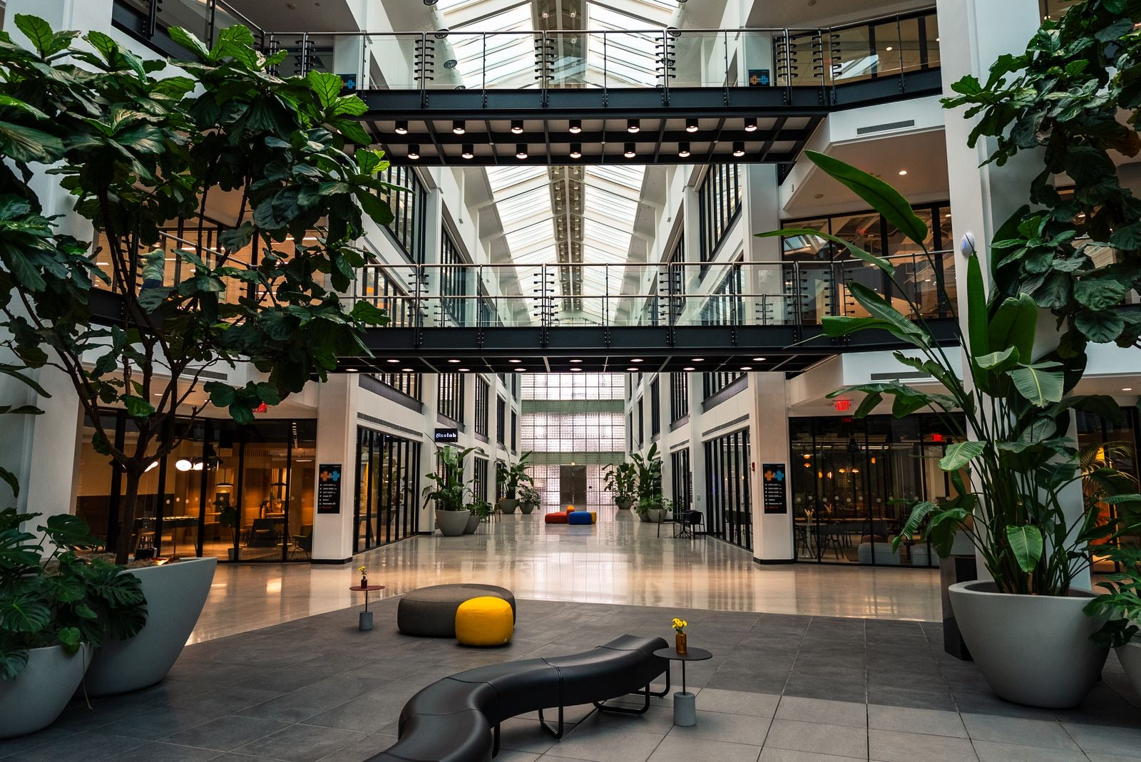 Green office atrium with skylight and indoor plants, an operating building performing at its best under LEED O+M